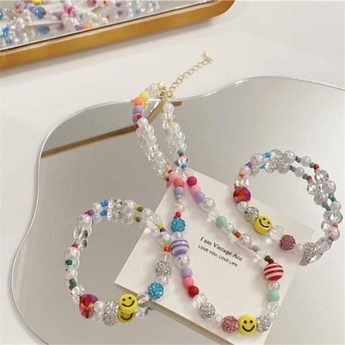 AOMU France Sweet Cute Colorful Transparent Resin Smiley Beaded Bracelet Irregular Geometric Long Necklace for Women Accessories