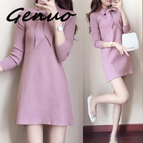 Casual Peter Pan Long Collar Sweater Dress Women Cotton Slim Bodycon Dress Pullover Female Autumn Winter Dress 2019 Long Sleeve