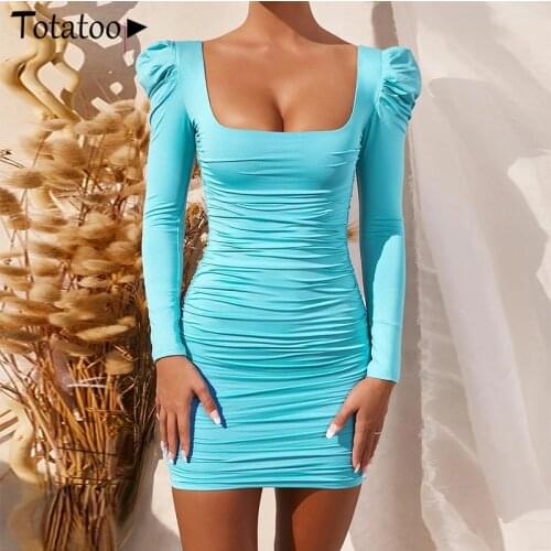 Totatoop Square Neck Puff Sleeve Bodycon Party Dress For Women Wrap Ruched Slim Autumn Winter Dress Festival Sexy Dresses Black