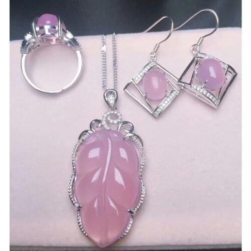 Women Necklace Pendant Ring Earring Green Chalcedony Agate Lucky Clover Gourd Egg Jewelry Set Gift for Female Fine Jewelry