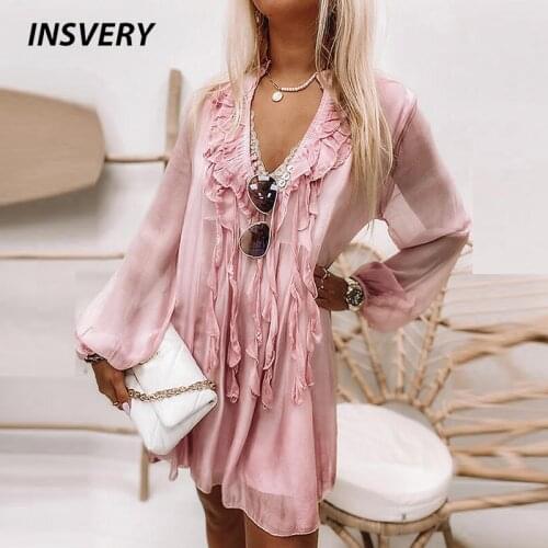 Spring Autumn Women Party Dresses Fashion Mesh Long Sleeve Loose Chiffon Dress Women Sexy V Neck Beach Short Dress 2021