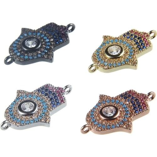 2pcs 16x18mm CZ Micro Crystal Pave Hamsa Hand Evil Eye Jewelry Connector