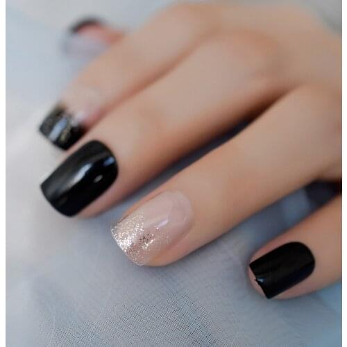 24pcs Square Black Press On Manicure Glitter Medium Acrylic Design Nails Tips Jumping Color Adhesive Tape Fake Nails