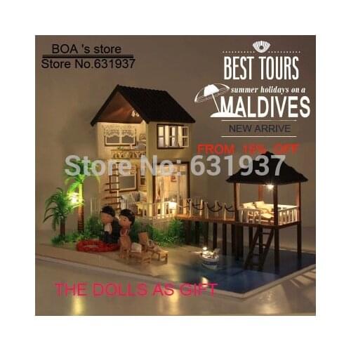 Free New Large Dollhouse c DIY Handmade Maldives Wooden Doll House all Houses Furniture including 3D LED light Toy Birthday Gift