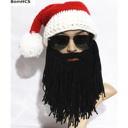 BomHCS Funny Gift Santa Claus Hat with Big Beard 100% Handmade Knitted Christmas Beanie Party Cap Mask