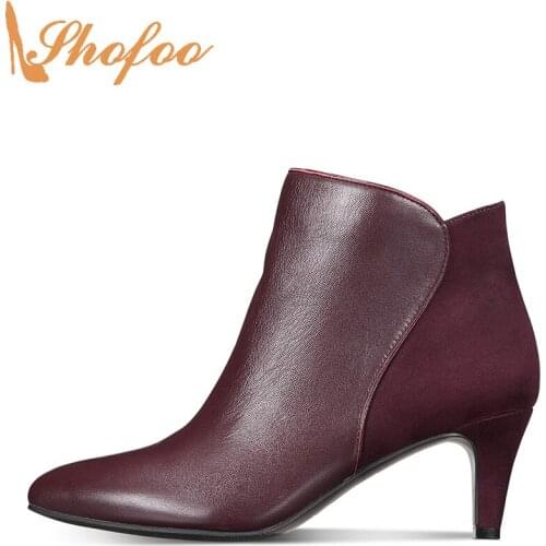 Burgundy Patchwork High Kitten Heels Almond Toe Woman Ankle Boots Zipper Large Size 14 16 Ladies Fashion Booties Shoes Shofoo