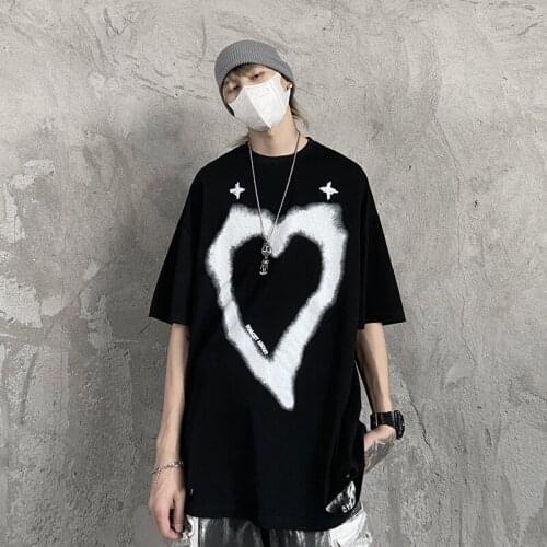 Mens T shirt Hip Hop Streetwear Harajuku T-shirt Heart Shape Print Cotton Casual Tshirt Short Sleeve Summer Tops Tees Pullover