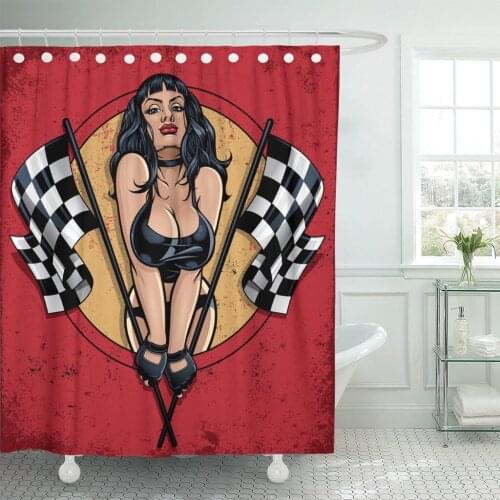 Racing Pinup Holding Checkered Flags of Sexy Girl Waterproof Polyester Set with Hooks