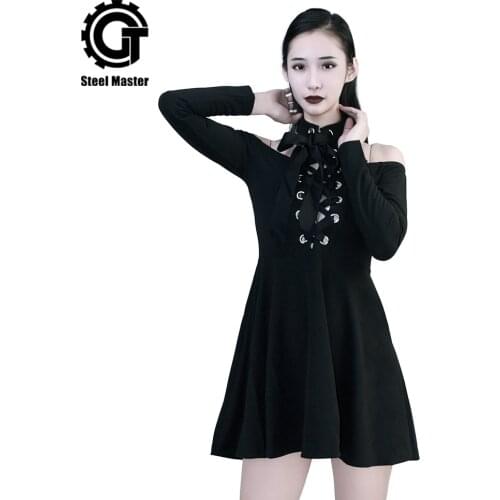 Gothic Vintage Dress Women Black Neck Tie Straps Open Shoulder A Line Dress