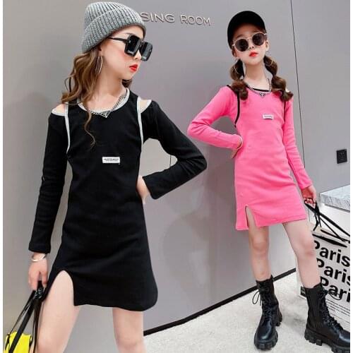 New Fashion Girls Dress Streetwear Off Shoulder Children Dresses Teenage Long Sleeve Cotton Slim Party Dress For Girls 5-14Years