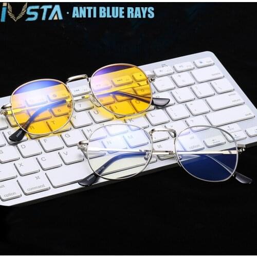 IVSTA Round Computer Glasses Men Anti Blue Light Blocking Rays Gaming Metal Prescription Optical Frame Oval Night Vision Yellow
