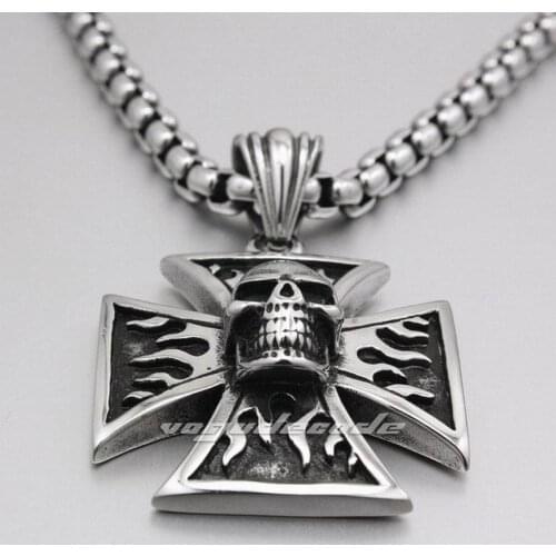 316L Stainless Steel Flame Skull Pendant Mens Biker Rocker Punk Style 6R002 Steel Necklace 24