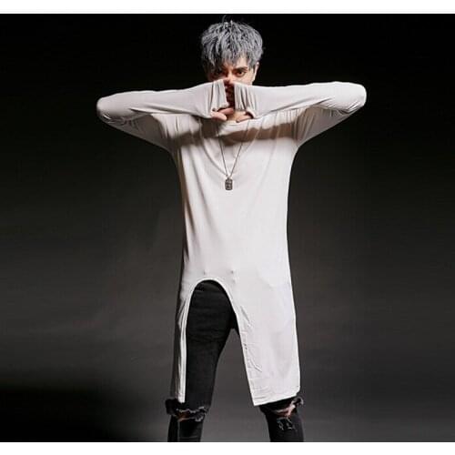 Men irregular design long t shirt nightclub punk hiphop tshirt homme mens hip hop long sleeve tee shirts clothes stage costume