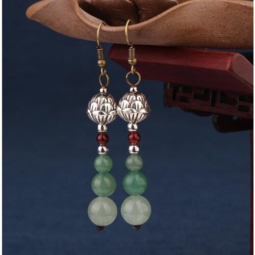 MYWINY Aventurine dangle ethnic earrings green,vintage fashion Tibetan Silver Tibetan Silver Lotous flowers earrings jewelry