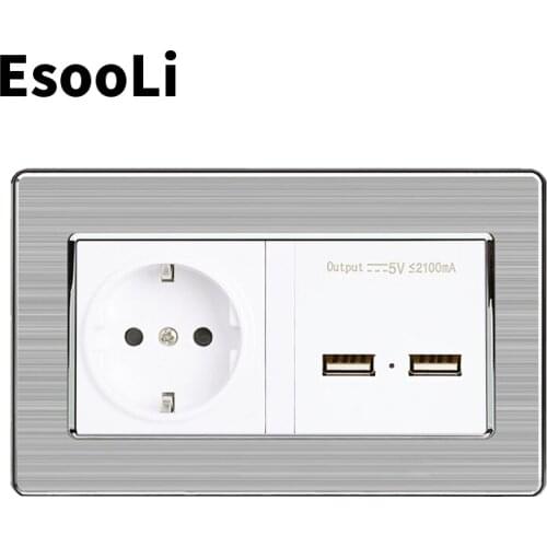 EsooLi Wall Socket EU Standard Power Outlet With Dual USB Smart Induction Charge Port For Mobile 2.1A PC Panel 146 mm*86 mm