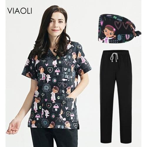 High Quality Beauty Salon Work Clothes Experimenter Scrubs Tops Unisex Print Pet Grooming Institutions Uniform V-Neck Scrub Tops