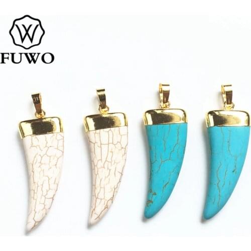FUWO Wholesale White/Blue Howlite Horn Pendant With Gold Trimmed Simple Design Pepper Shape Pendant For Necklace Making PD263