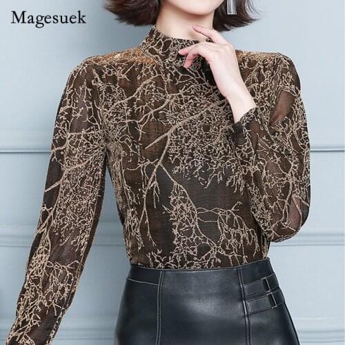 2021 Autumn Bright Silk Long Sleeve T-shirt for Women Elegant Sexy Retro Stand Collar Blouse Print Mesh Tops Female Blusas 16737