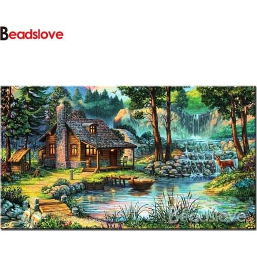 Riverside house,landscape,5D Full Square Diamond painting Round,mosaic Diamond Embroidery Home decoration rhinestones pictures