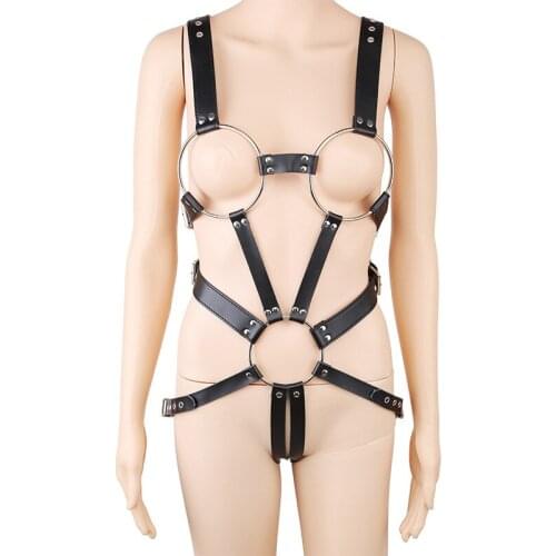 Sexy Women Faux Leather Straps Big Metal Rings Cupless Body Harness Teddy Open Breast Bodysuit Fetish Role Play Costume