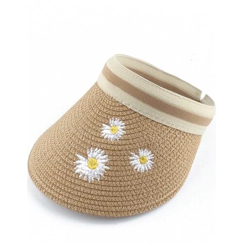 2020 New UV Protection Sun Hats For Women Daisy Flower Embroidery Visor Cap Summer Straw Hat Empty Top Beach Hat