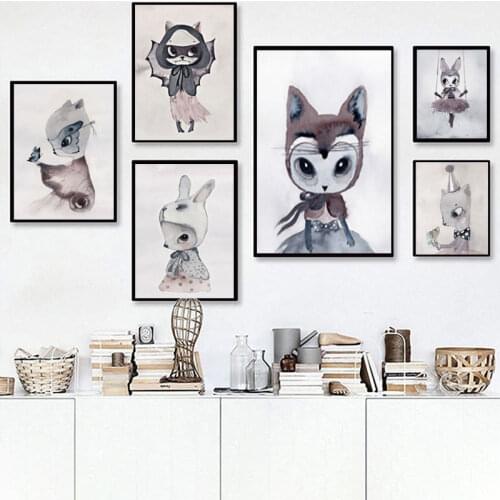 Modern Nordic Rabbit Girls Angel Wall Art Cartoon Canvas Painting Spray Color Art Poster Kids Baby Nursery Room Wall Murals