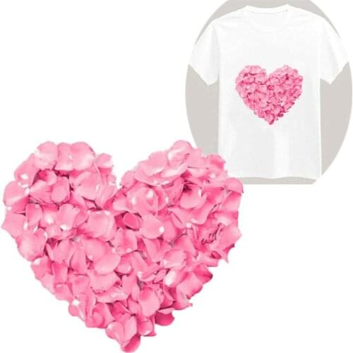 Rose Petals Heat Transfer Pink Heart Iron on Patches for Custom Printed T-shirts Big 3D Vinyl Thermo Stickers Clothes Appliques