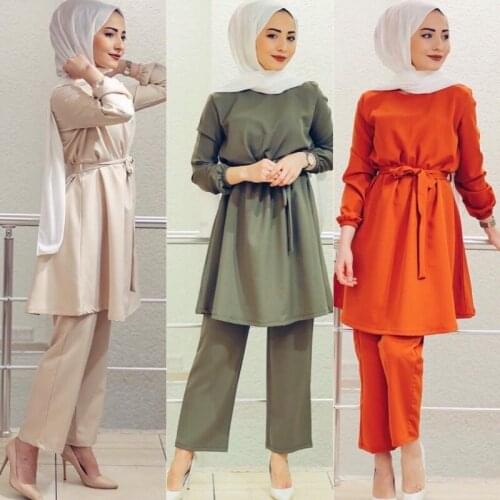 Wepbel Muslim Arabian Womens Suit Two Piece Outfits Dubai Long Sleeve Top + Pants Turkish Robe Solid Color Muslim Clothing
