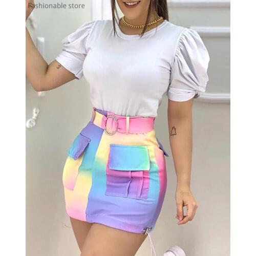 Puffed Sleeve Solid Color Round Neck Top and Colorblock Pocket Design Mini Skirt Set Women Casual Fashion 2pcs Suit with Belt