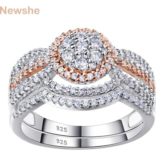 Newshe Halo Rose Gold Color Engagement Rings Wedding Ring Set For Women Solid 925 Sterling Silver Round Cut AAAAA Zircon Jewelry