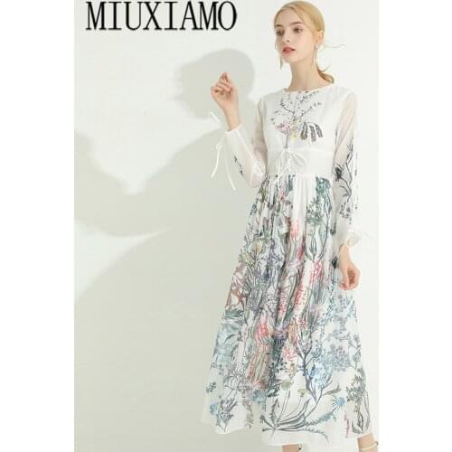 MIUXIMAO 2020 Spring Women Flower Print Dress Long Sleeve Female Casual Spring Dresses Dress Elegant Bow Vestidos Runway Dress