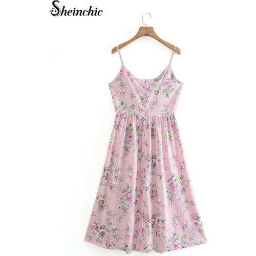 Casual Pink Floral Spaghetti Strap Woman Dress 2021 Summer Bohemian Beach Pleated Midi Dresses for Women