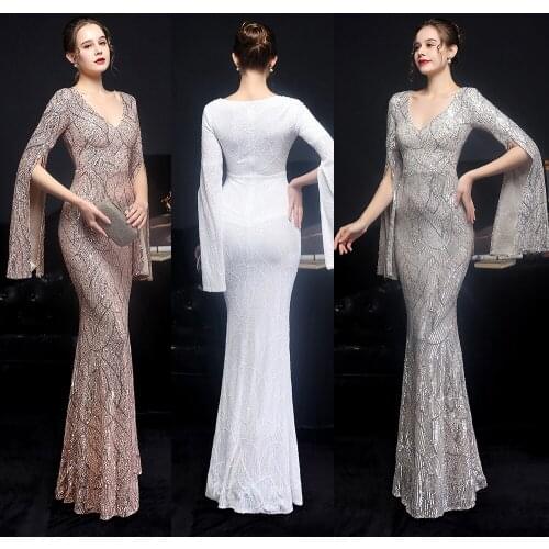 V Neck Long Sleeve Evening Dress Women Mermaid Party Dresses Floor Length Sequins Prom Gowns XUCTHHC 2021 New Formal Dress
