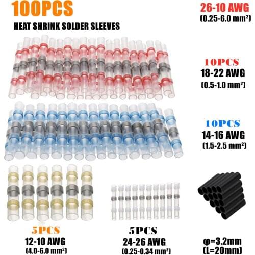 100Pcs Mixed Heat Shrink Soldering Terminal Wire Connectors Solder Sleeves Waterproof Fast Butt Terminals Crimp Connector