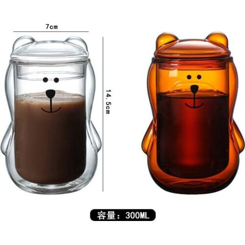 300ml Cute Panda Bear Glass With Lid Water Coffee Milk Children Juice Cup Brown Transparent Double Layer Kawaii Mug