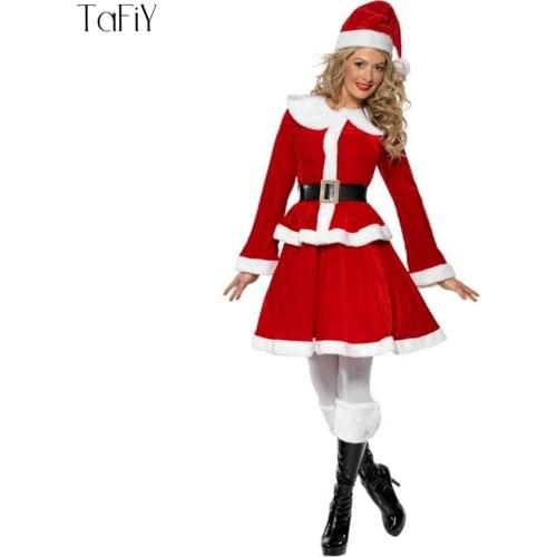 TaFiY 4Pcs New Year New Arrival Sexy Christmas Costumes For Women Red Long sleeve+Dress+Hat+Belt Christmas Santa Costumes