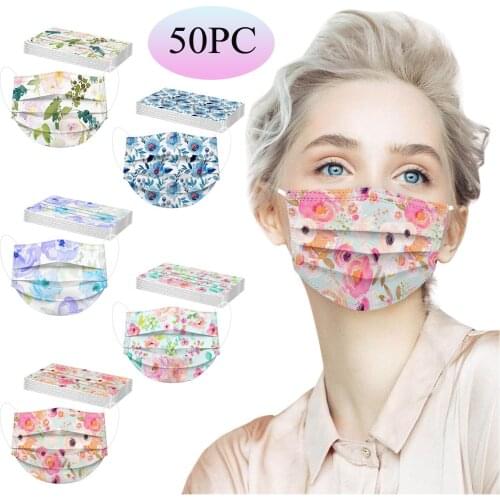 50pcs Adults Mask Mascararillas Masque Flower Print Non-woven Fabric Three Layer Protective Multi-color Mask Halloween Cosplay