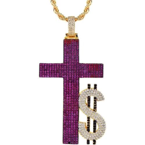 Bling Bling Cross Letters Necklace & Pendant with Twist Chain Gold Color Cubic Zircon Mens Women Hip Hop Jewelry for Gift