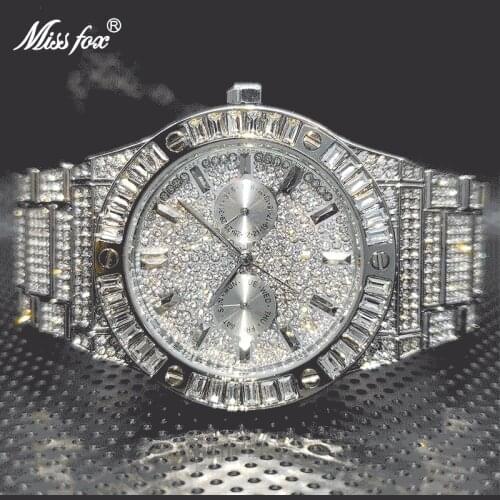 MISSFOX 18K Gold Plated Mens Watch Full Diamond Large Band Luxury Stainless Steel Waterproof Chronograph Clock For Man New