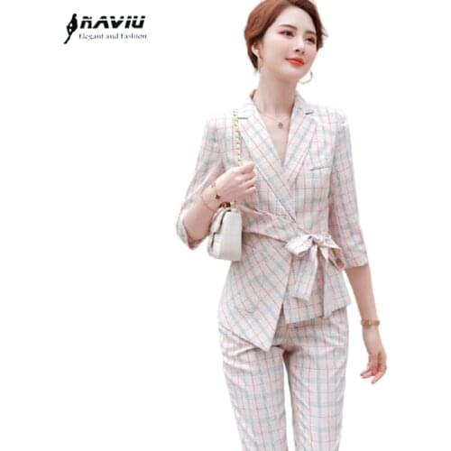 Business Plaid Suits Women 2021 Summer Fashion Temperament Formal Half Sleeve Blazer And Pants Office Ladies Two Piece Work Wear