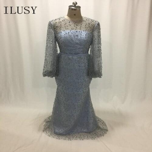 ILUSY Blue Long Sleeve Evening Dresses Pearls Lace Mermaid Evening Gowns Vestidos De Fiesta Largos