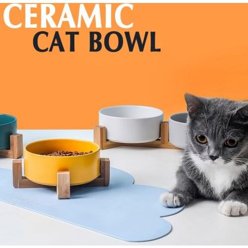 Cat Ceramic Double Water Bowl Integrated Wooden Frame Protective Cervical Spine High Leg Drinking Dog Food Bowl Pet Supplies