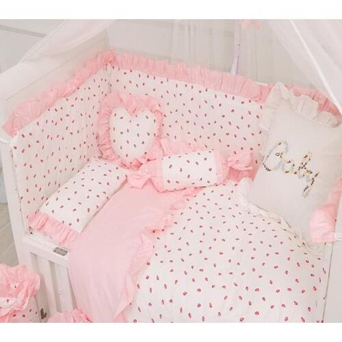 Baby Bedding Sets Cotton Pink Lace Strawberry Pattern Infant Crib Pillowcase Duvet Cover Newborn Cot Mattress cover Baby Bed Set