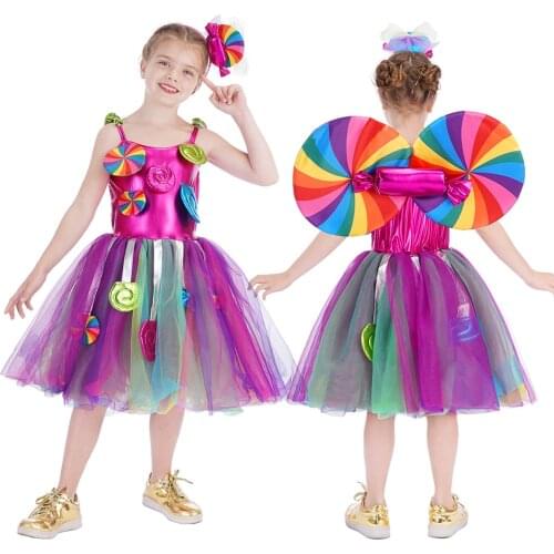Sweet Candy Girl Clothes Summer Kids Carnival Frock Little Girl Birthday Fancy Rainbow Tutu Hairband Child Party Gown JYF