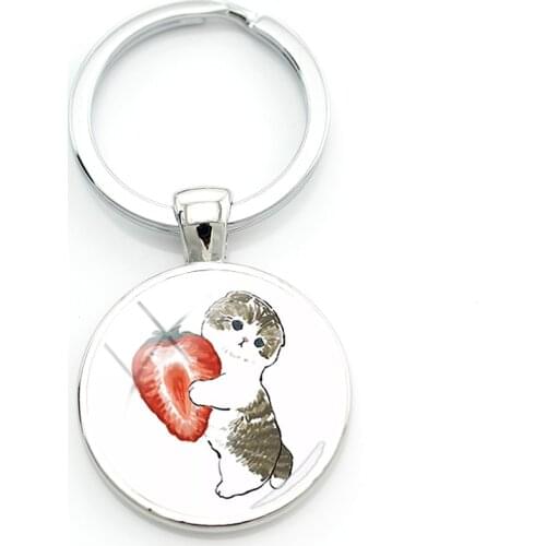TAFREE Cute Strawberry Cat Keychains 2021 NEW YEAR GIFTS Fruits Animal Glass Cabochon Jewelry Key Holders