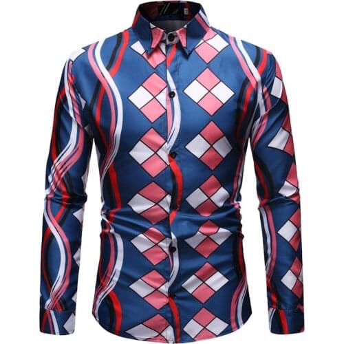 High Quality Men Shirt 2019 Brand Fashion Casual Slim Geometric Print Long Sleeve Shirt Men Business Social Top Clothes