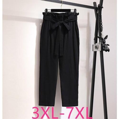 New 2021 ladies summer plus size haren pants for women large loose casual cotton belt black long trousers 3XL 4XL 5XL 6XL 7XL