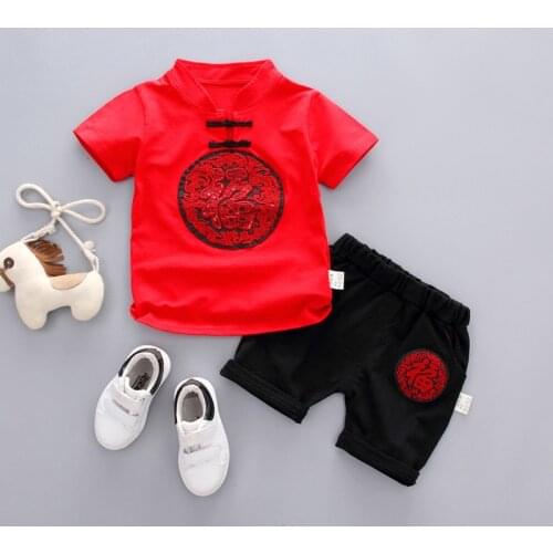 2021 New Baby Chinese Style Short Sleeved Cotton Chinese Character Embroidery Suit Summer Clothes for Boys Girls Two Piece