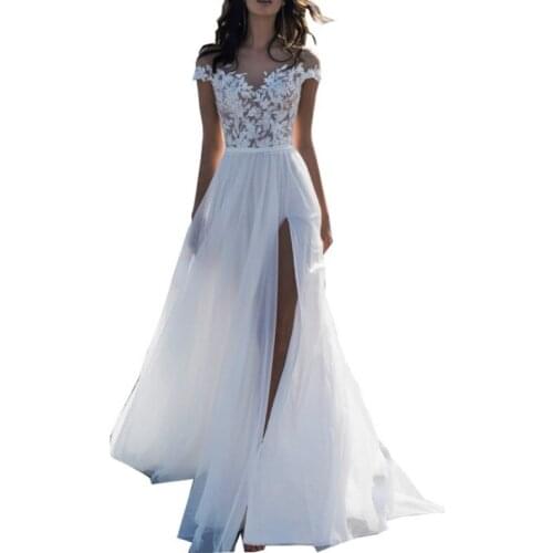 New Elegant White Lace Chiffon Split Long Dresses For Wedding Party Summer Formal Dress Maxi Dresses Vestidos