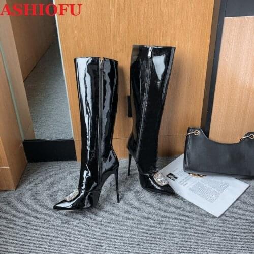 ASHIOFU New Classic Handmade Ladies High Heel Boots Crystal-deco Real Picture Sexy Party Knee-high Boots Evening Club Long Boots